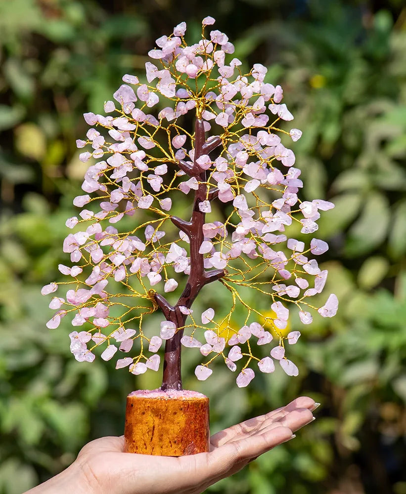 Bezavo Rose Quartz Crystal Trees Chakra Healing Money Bonsai Golden Wire