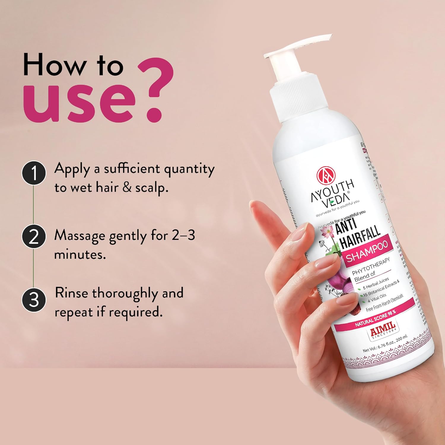 Ayouthveda Anti Hair Fall Shampoo with Onion & Coffee | Natural Formula with Aloe vera, Reetha, Shikakai & Neem | Reduces Hair Fall, Improves Hair Density & Scalp Health | 200 ml (Pack of 1)