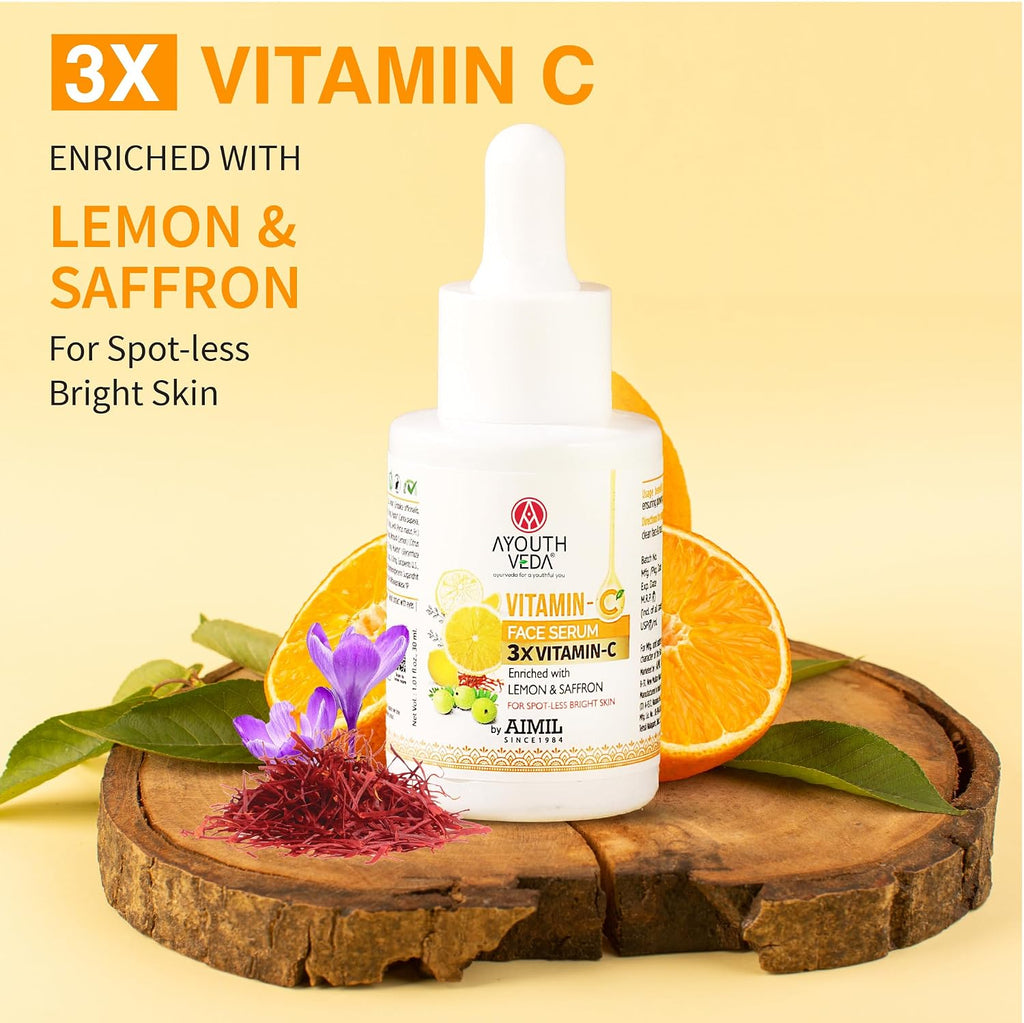 Ayouthveda Vitamin-C Face Serum With 3X Vitamin-C | Reduce Discoloration and Enhance Radiance | Enriched with Lemon, Saffron, Orange & Gooseberry | For Spot-less Bright Skin - 30 ml