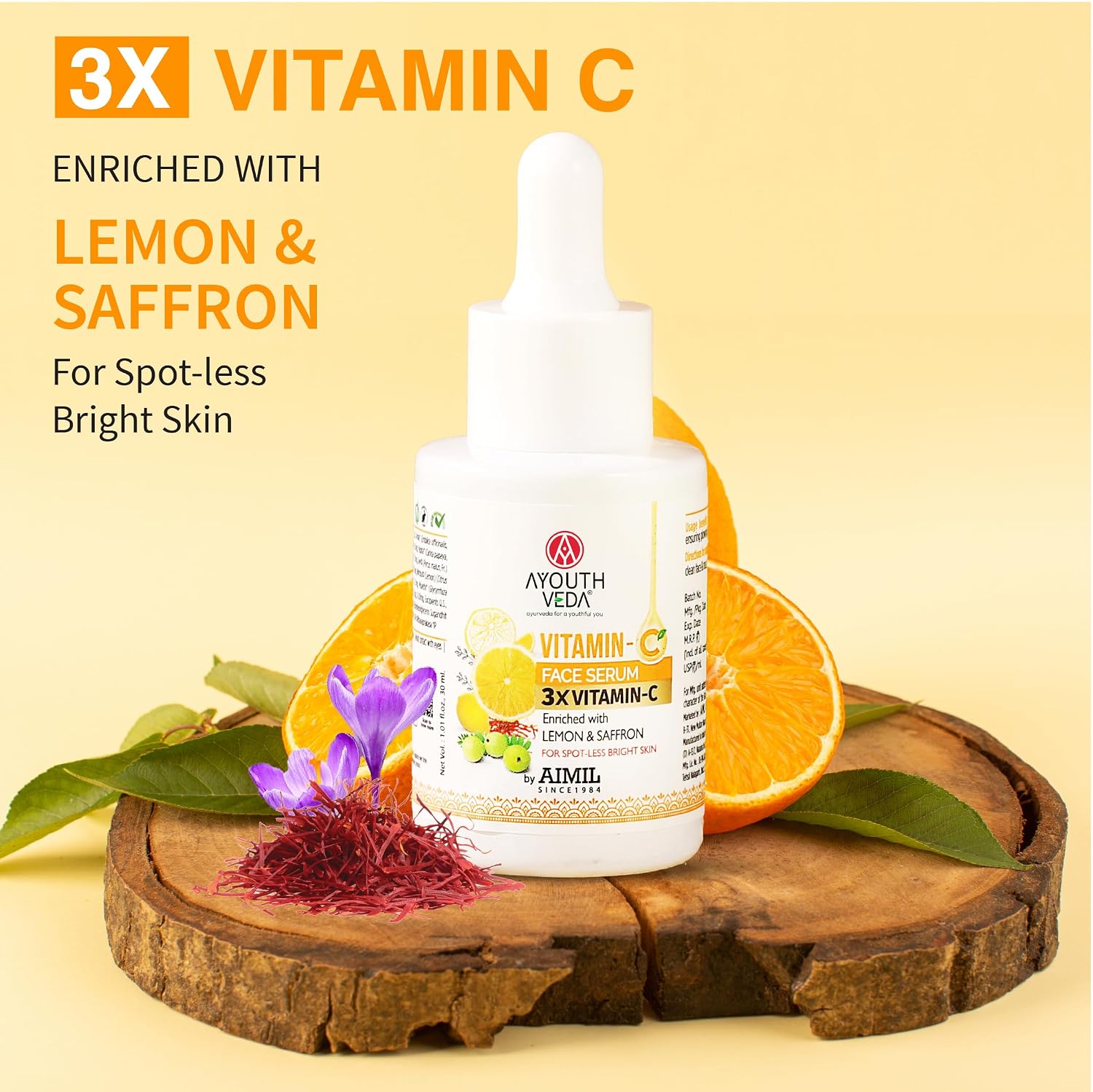 Ayouthveda Vitamin-C Face Serum With 3X Vitamin-C | Reduce Discoloration and Enhance Radiance | Enriched with Lemon, Saffron, Orange & Gooseberry | For Spot-less Bright Skin - 30 ml