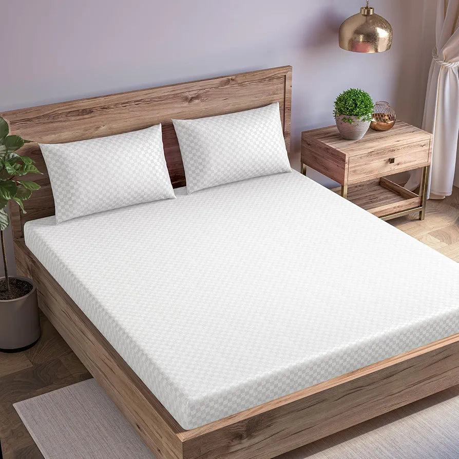 Trance Home Linen 300TC Pure 100% Cotton King Size Jacquard Weave Fitted Bedsheet with 2 Pillow Covers  78 x 72 inch Colour White