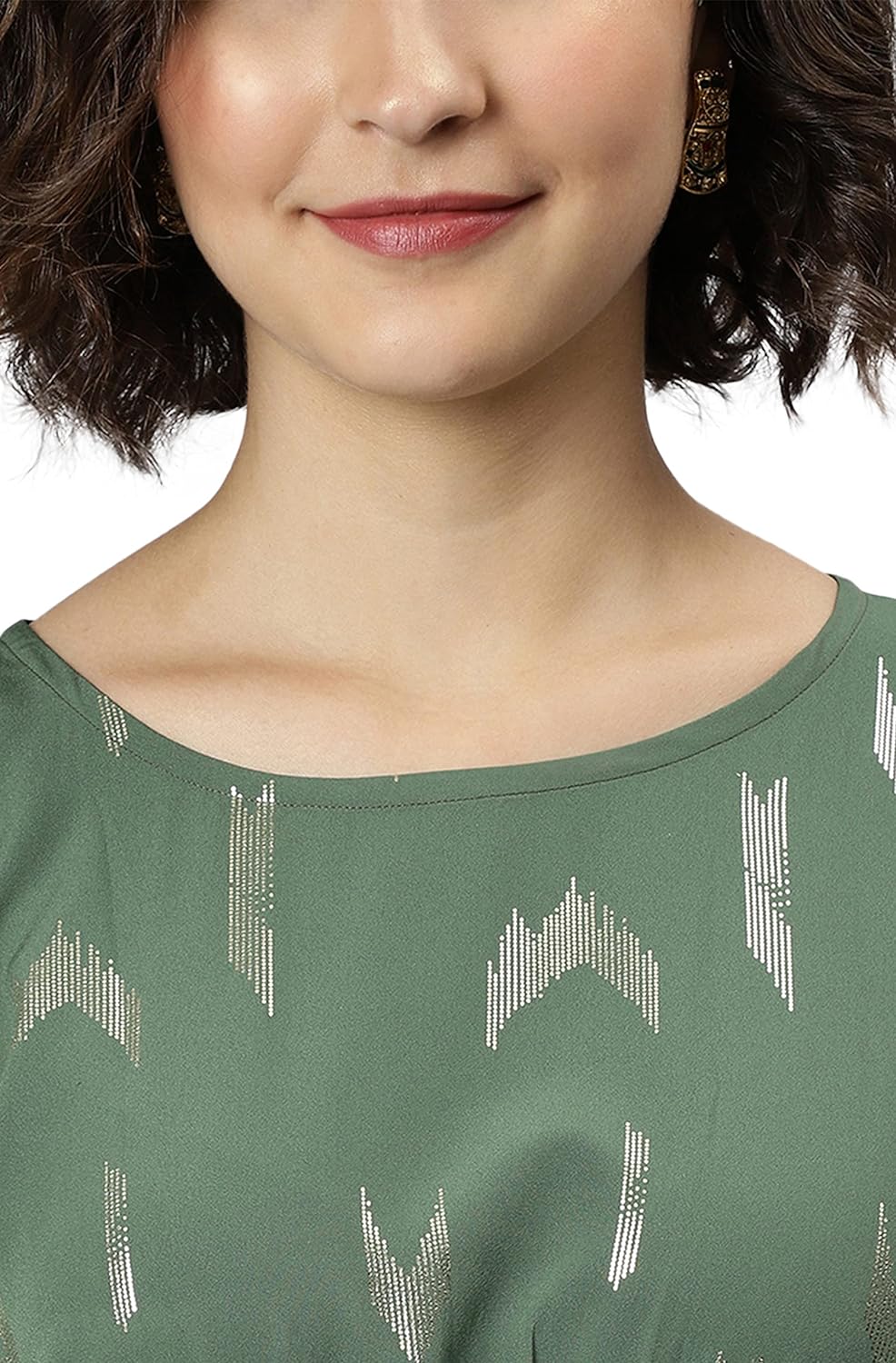 Janasya Women's Green Poly Crepe Geometric Print Kaftan Kurta