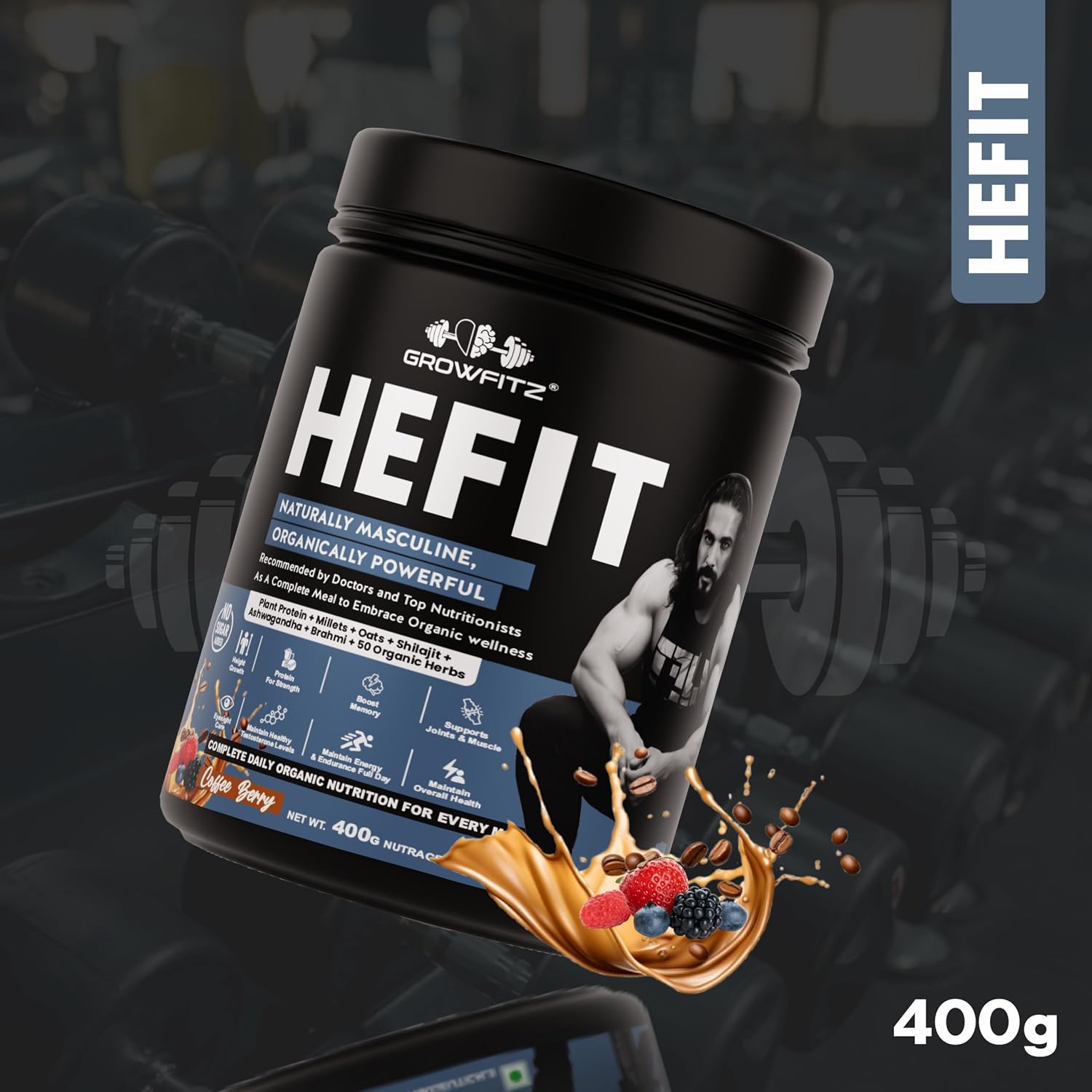 Growfit Hefit 100% Natural Plant Protein Powder 400g | 12g Protein - Pea Isolate | Easy to Digest | Meal Supplements for Muscle Growth & Recovery | 50+ Organic Herbs | No Added Sugar (Coffee Berry)