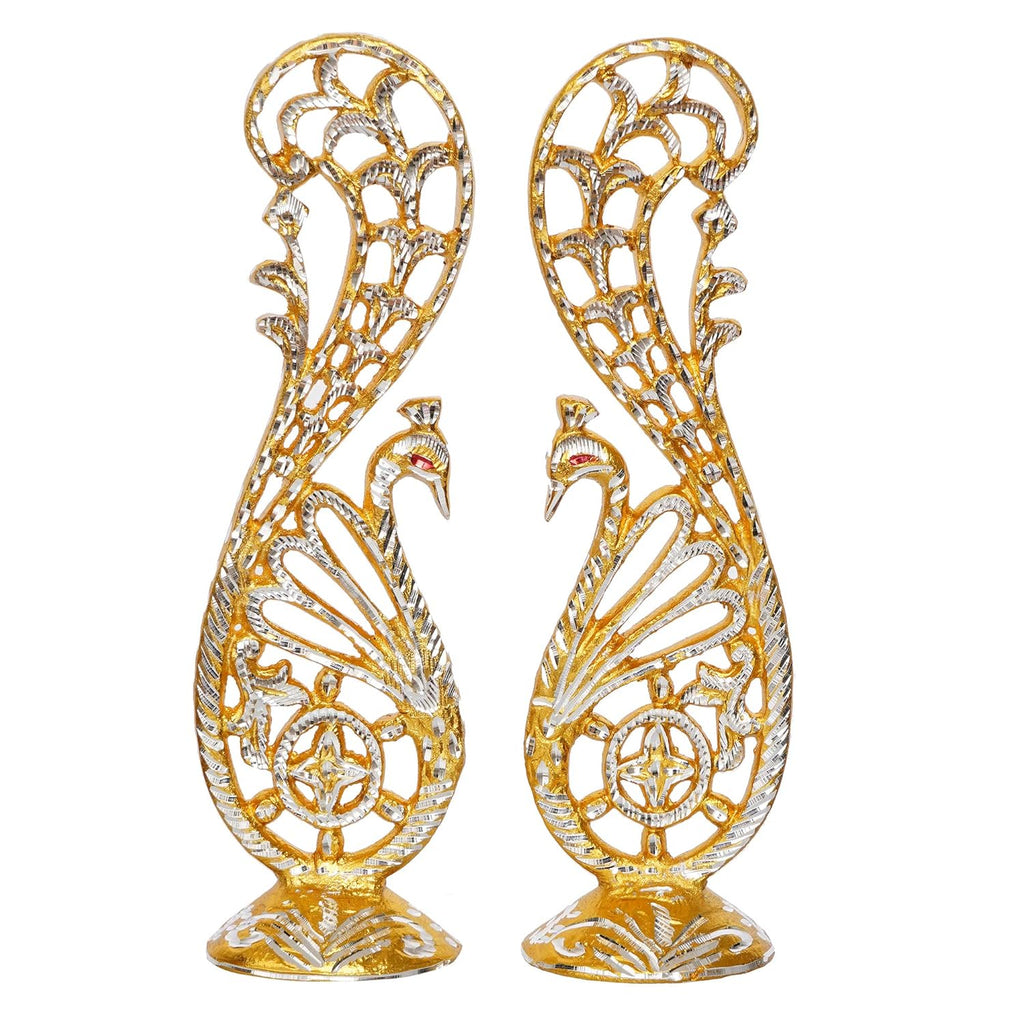 Ecraftindia Golden and Silver Metal Handcrafted Peacock Couple Statues Decorative Birds Figurines Showpieces