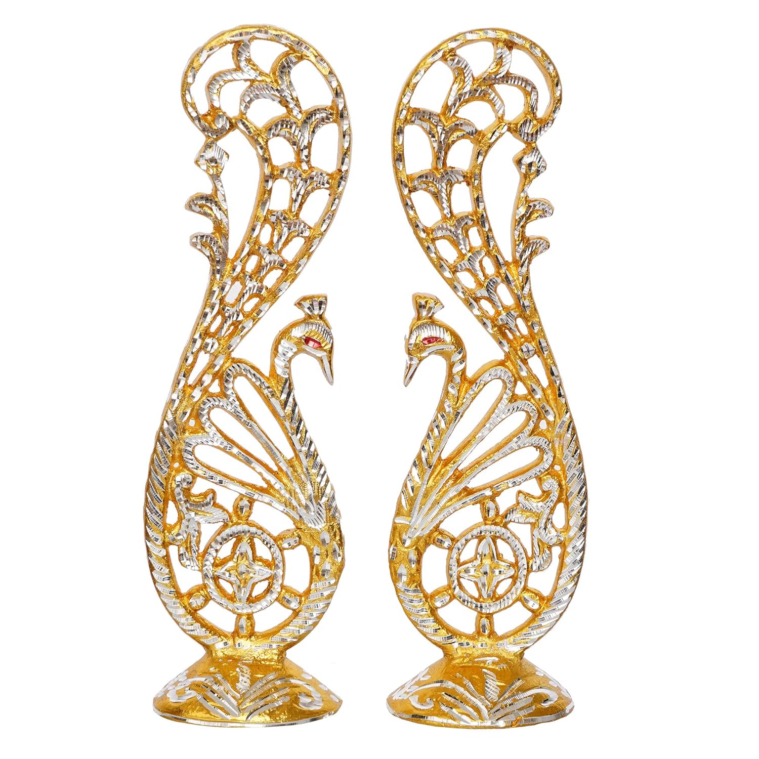 Ecraftindia Golden and Silver Metal Handcrafted Peacock Couple Statues Decorative Birds Figurines Showpieces