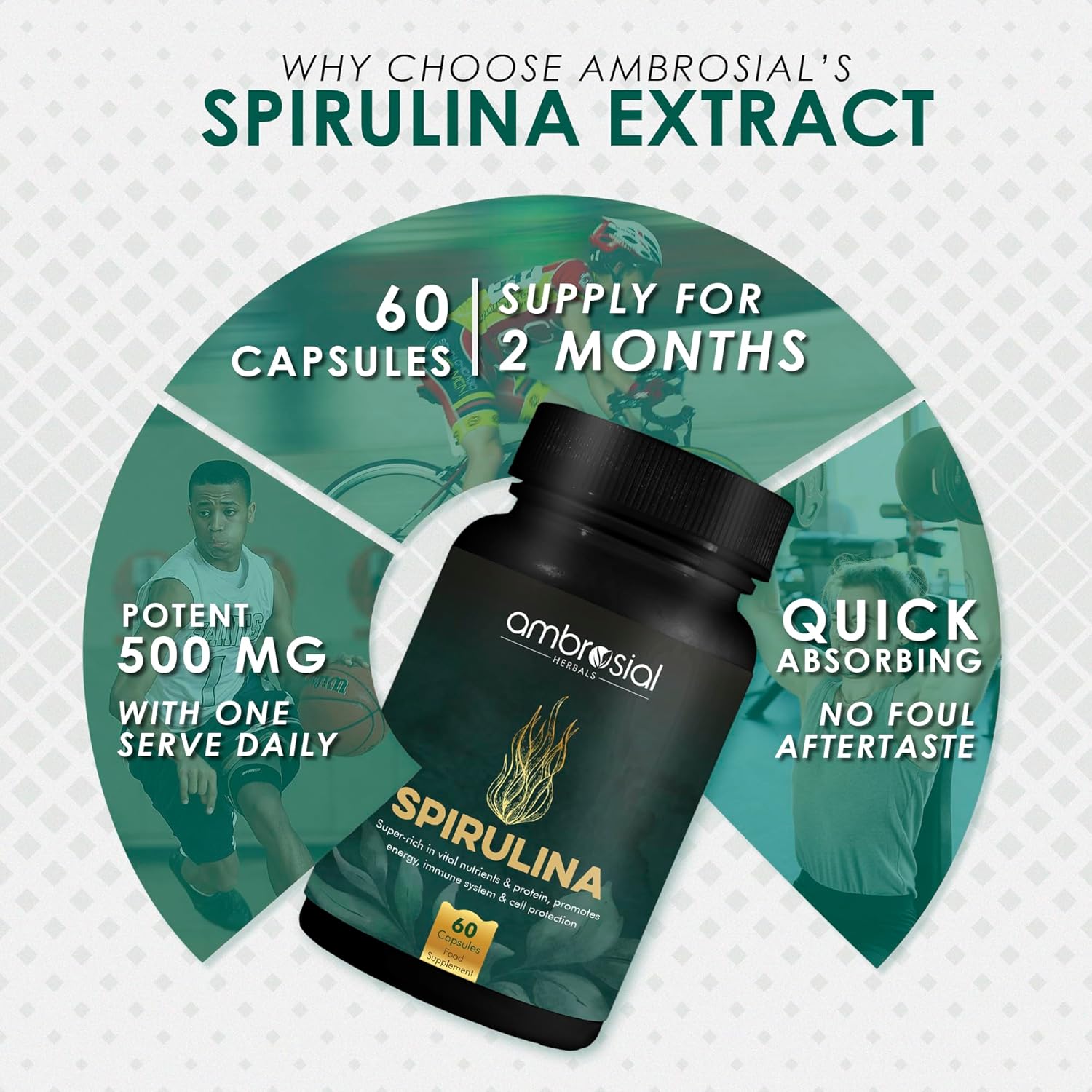 Ambrosial Spirulina Capsule High Strength 500 mg EACH Capsule | Certified Spirulina Tablets for Energy and Immunity | Richest Source of Protein (Pack of 1-60 Capsules)