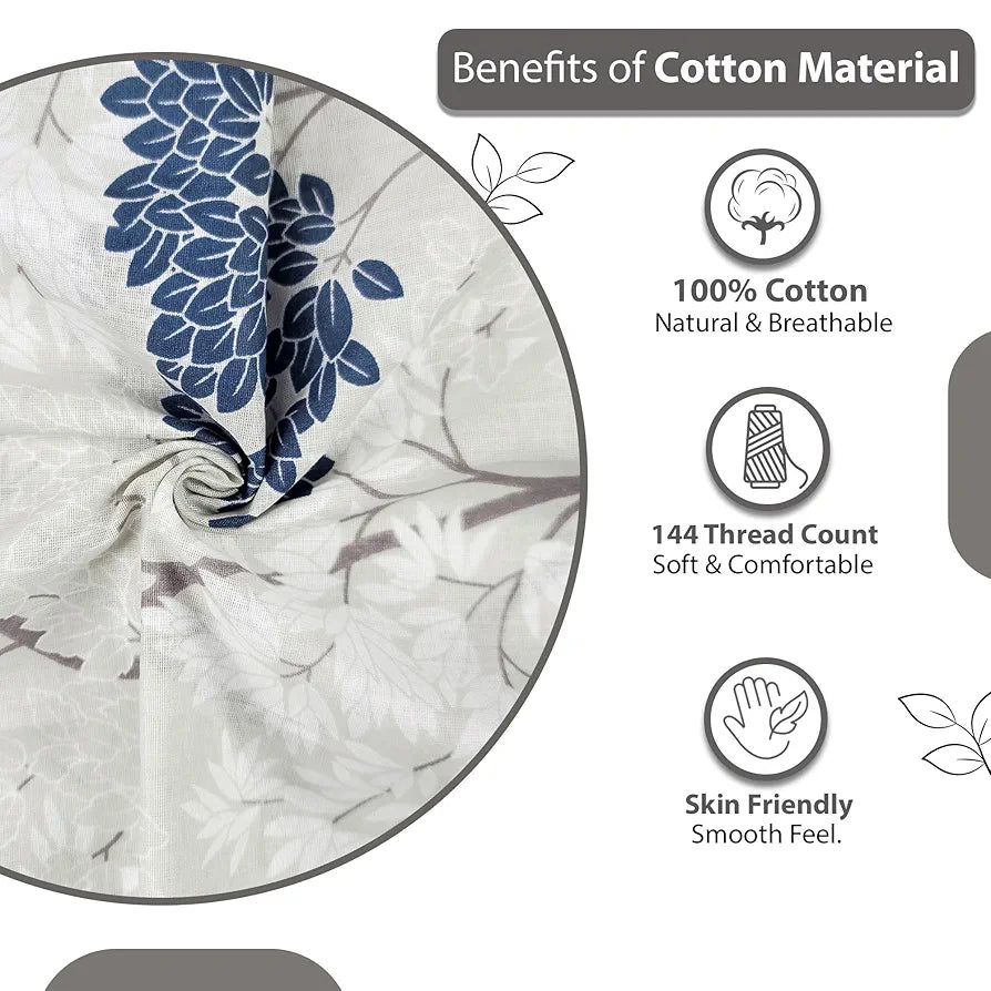 Divine Casa 144 TC 100% Cotton Double Bedsheet with 2 Pillow Covers Floral Pattern Colour Grey Blue