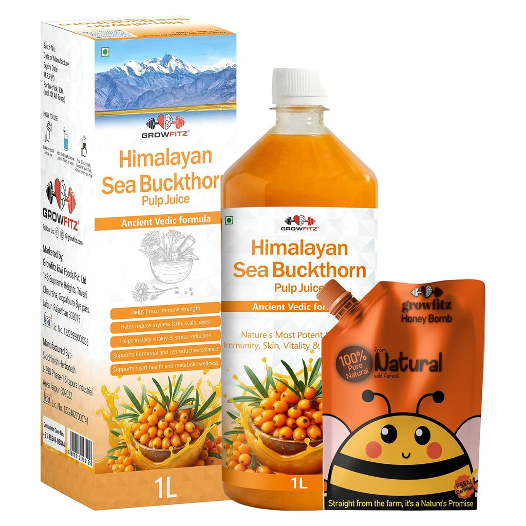 Growfitz Sea Buckthorn Pulp Concentrate 1L + Wild Forest Honey (Pouch) — Rich Natural Vitamin C, Antioxidants & Omega-7 | Cold-Pressed | Supports Immunity, Skin Glow & Gut Health | No Added Sugar