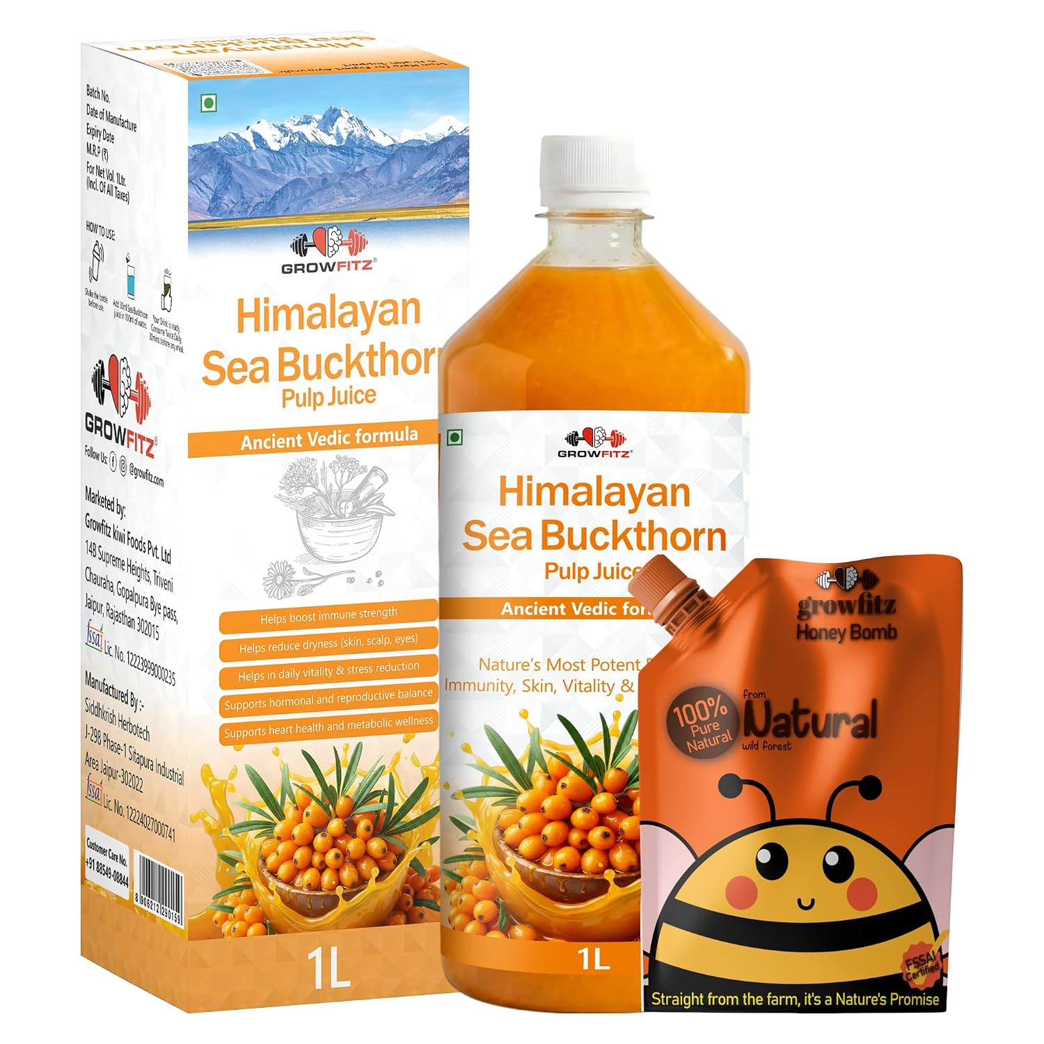 Growfitz Sea Buckthorn Pulp Concentrate 1L + Wild Forest Honey (Pouch) — Rich Natural Vitamin C, Antioxidants & Omega-7 | Cold-Pressed | Supports Immunity, Skin Glow & Gut Health | No Added Sugar