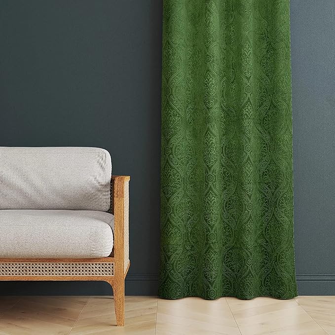 Loomlyfe Damas Heavy Soft Thick Premium Designer Room Darkening Blackout Window Curtain | 2 Pieces | 5 Feet | Green