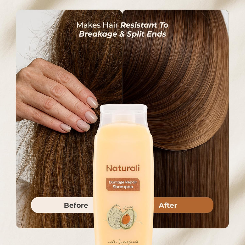 Naturali Damage Repair Shampoo | Improves Damaged Hair In Just 4 Uses | With Avocado & Moringa Oil | Sulphate Free | For Women | Shampoo for Frizzy and Dry Hair | Paraben Free | 370 ml