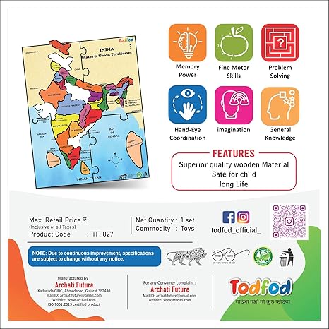 TodFod Wooden India Map States Jigsaw Puzzles Geography for Kids & Children Learning