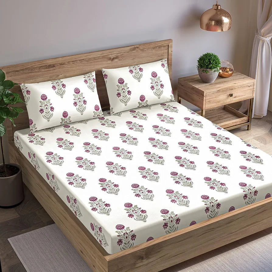 Trance Home Linen 180Tc 100% Cotton 78"X72" Standard King Size Elastic Fitted Bedsheet Printed King Bed Size With 2 Pillow Covers 180 TC Aangan Colour Pink