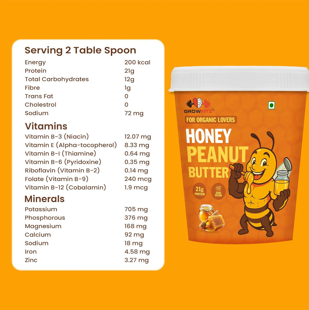 Growfitz Honey Peanut Butter 400g | 21g High Protein | Roasted Peanut With Added B-12 & Minerals for Brain & Heart Health, Zero Added Sugar | Tasty & Healthy Bread Spread (Pack of 1)