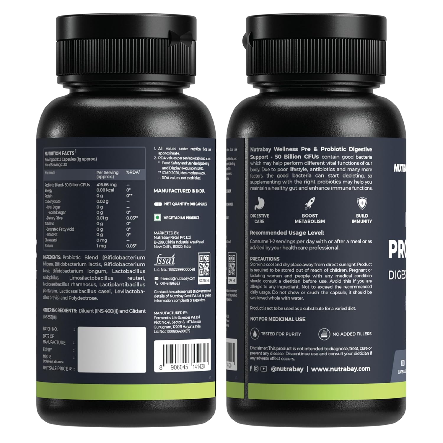 Nutrabay Wellness Pre & Probiotic Digestive Support 50 Billion CFUs - Improves Digestion & Immunity, Probiotic Supplement for Men and Women - 60 Veg Capsules