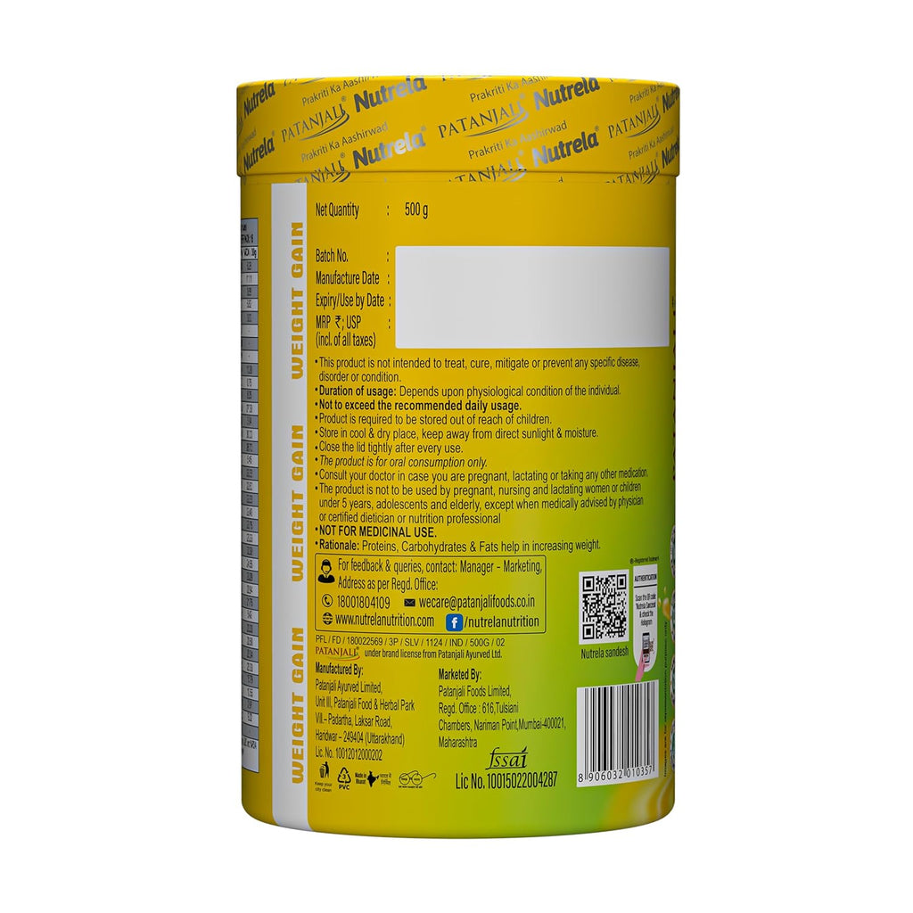Nutrela Weight Gainer | 500g | High-Calorie Mass Gainer with Vitamins & Khandsari Sugar | Ideal for Men & Women