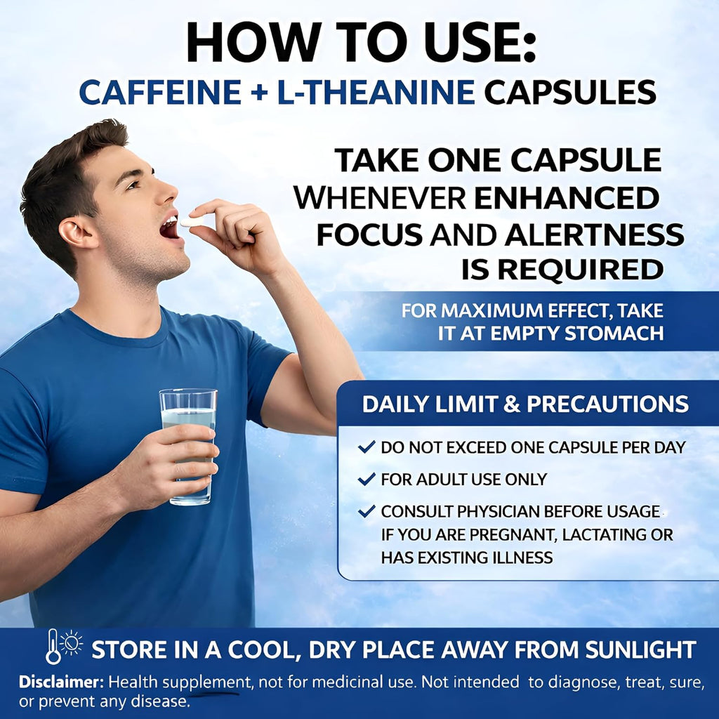 Suplee Caffeine 200mg & L-Theanine 200mg, Focus & Alertness Support, Pre-Workout & Study Aid, 60 Veg Capsules
