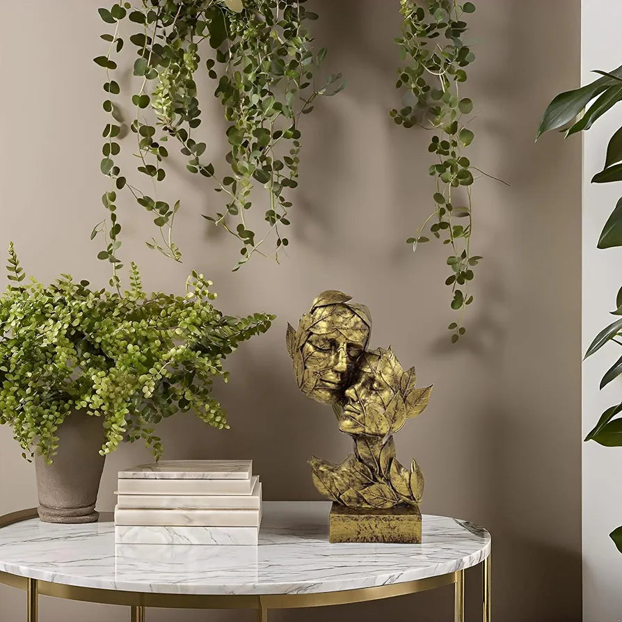 Alila Golden Leaf Couple Faces Statue Showpiece Idol for Gifting 12.5 Inches Height Home Decor
