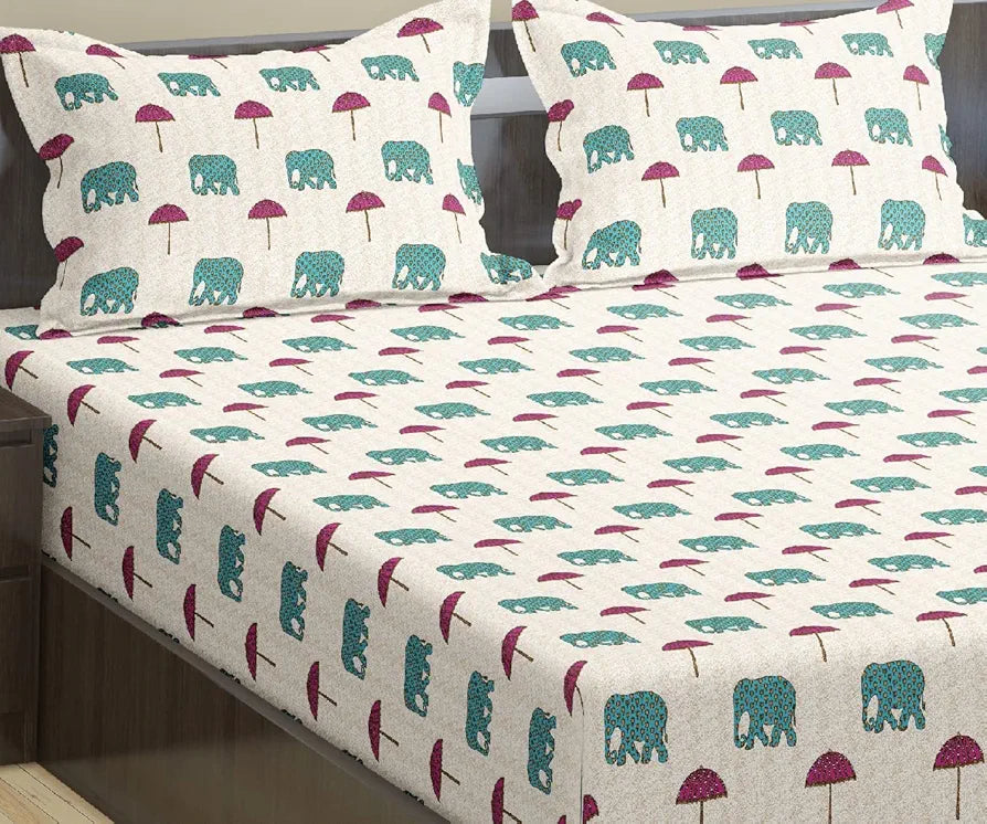 Trance Home Linen 180Tc 100% Cotton 78"X72" Standard King Size Elastic Fitted Bedsheet|Printed King Bed Size With 2 Pillow Covers 180 TC Colour Ambari Teal