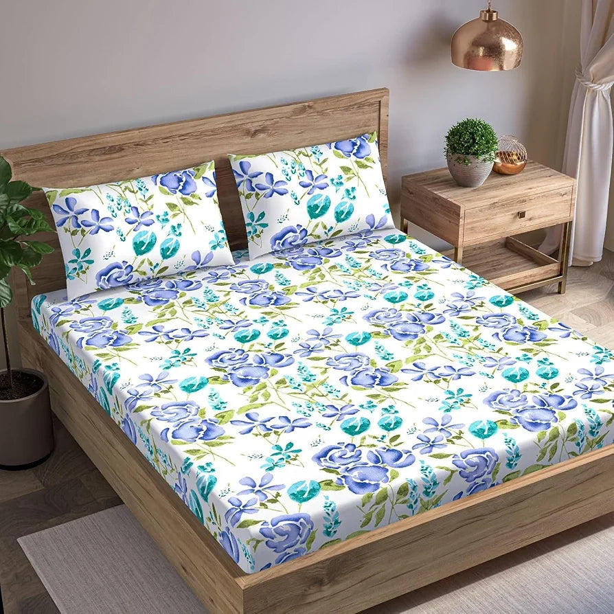 Trance Home Linen 180Tc 100% Cotton 78"X72" Standard King Size Elastic Fitted Bedsheet Printed King Bed Size With 2 Pillow Covers 180 TC Colour Huvu Blue