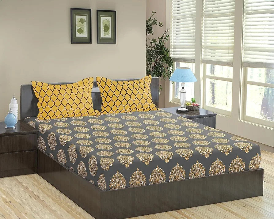 Trance Home Linen 200TC 100% Cotton 78"x60" Standard Queen Size Elastic Fitted Bedsheet Printed Bedspread with 2 Pillow Covers Colour Damask & Dori-Warm Grey Mustard