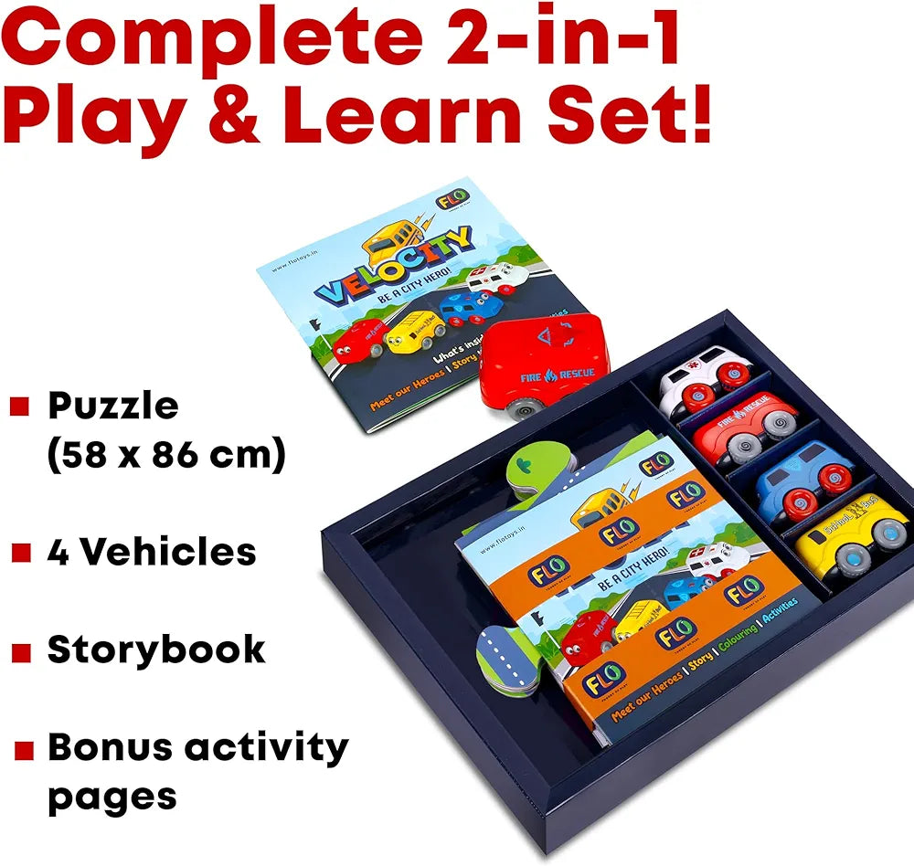 FLO Velocity Rescue Vehicle Puzzle Set 4-Piece Friction Cars  with 58x86 cm Floor Puzzle & Storybook STEM Adventure Toy for Boys & Girls Ages 5+