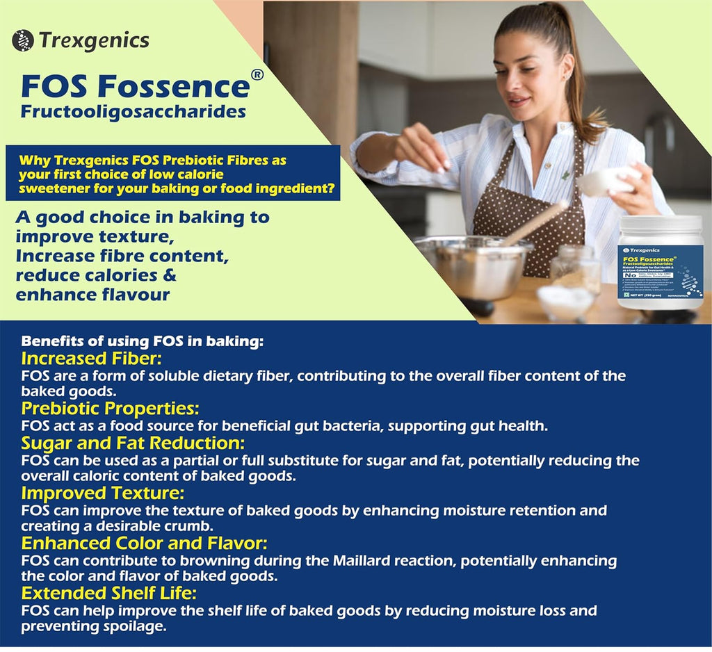 Trexgenics FOS FOSSENCE FRUCTOOLIGOSACCHARIDES PURE POWDER Prebiotic Soluble Fibres for Gut Health, Low Calorie Natural Sweetener (Fossence FOS (250 gram))