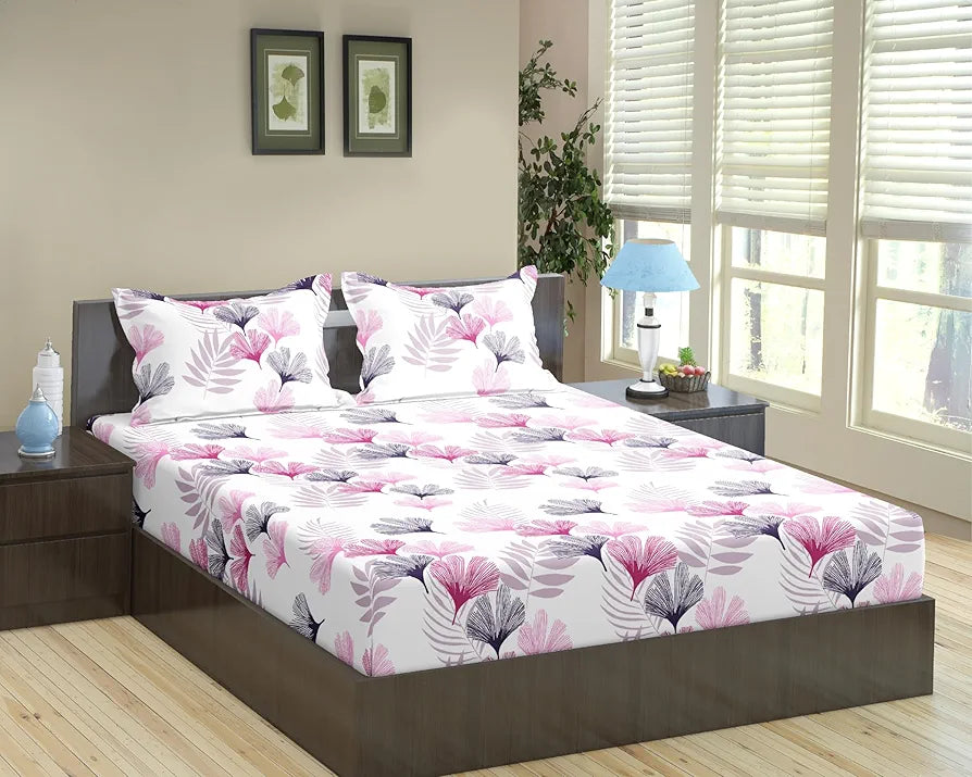Trance Home Linen 100% Cotton 78"X60" Standard Queen Size Elastic Fitted Bedsheet Printed Queen Bed Size With 2 Pillow Covers 180 tc Colour Paradise Pink