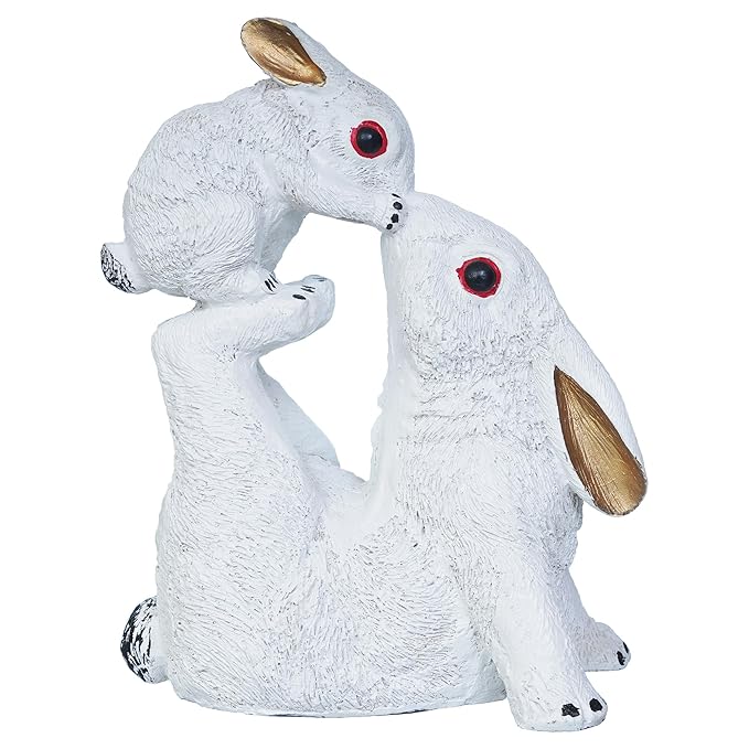 Ecraftindia Gold and White Rabbit Statue With Bunny Animal Figurines Decorative Showpiece for Home Decor