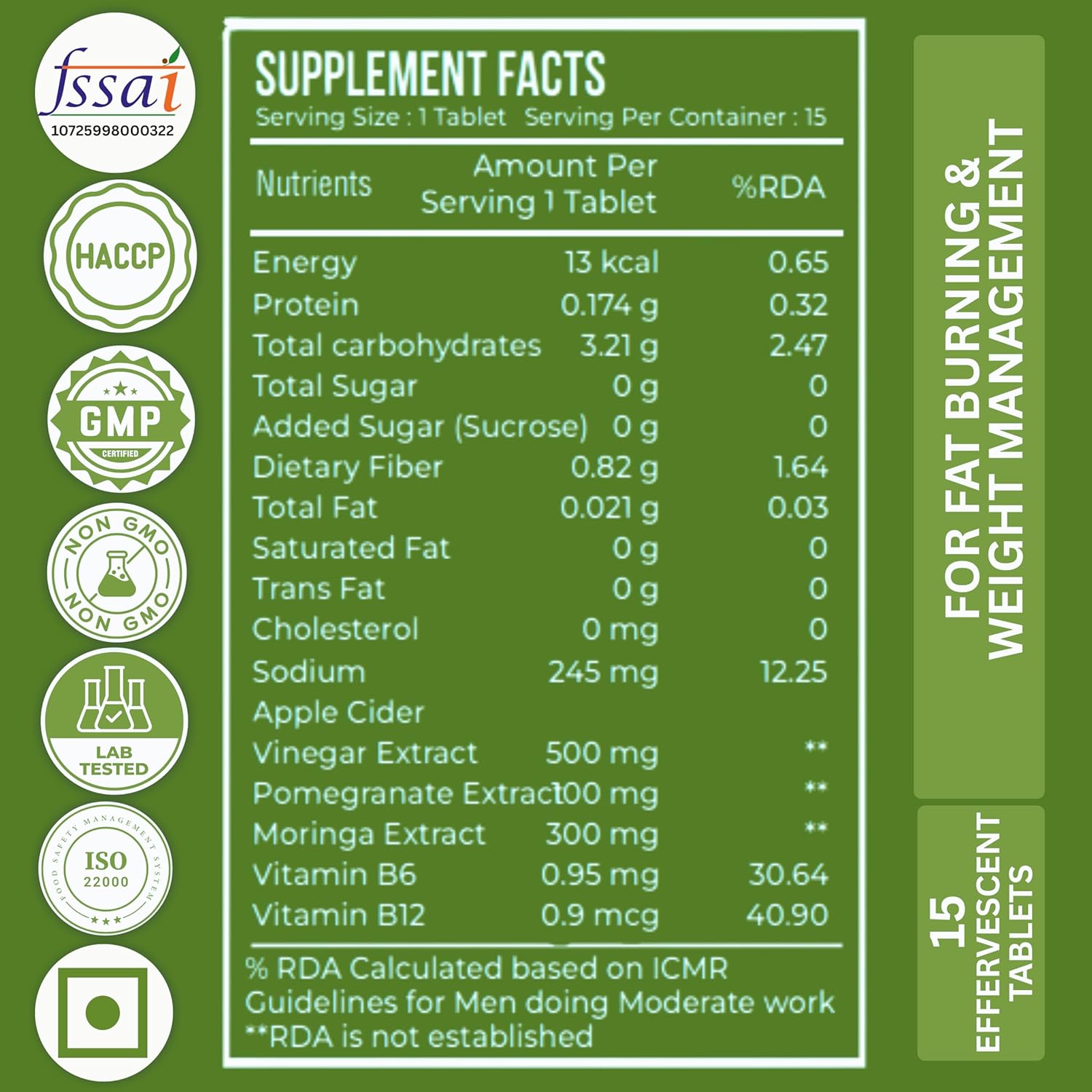 Nutrasium ACV Moringa Metabolism Plus | Apple Cider Vinegar Effervescent Tablet | For Supports Weight Loss, Control Cravings, Convert Fat Into Energy, Boost Energy & Immunity | 15 Tablets Green Apple