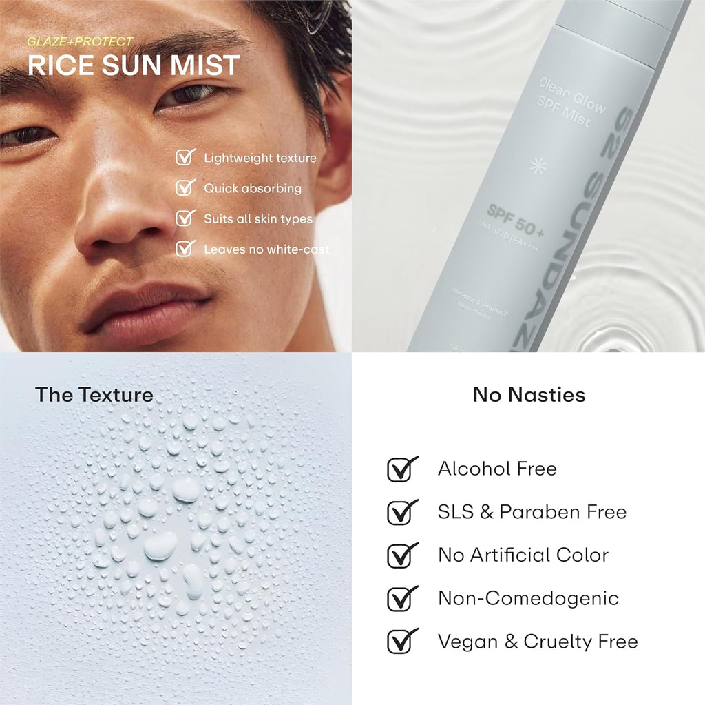 52 Sundaze Rice Water Sunscreen Mist SPF 50 PA++++ | Broad Spectrum UVA/UVB Protection | Alcohol-Free | Invisible, No White Cast | Lightweight, Reapply Over Makeup | For Oily, Combination, Acne-Prone & Sensitive Skin | 100 ml