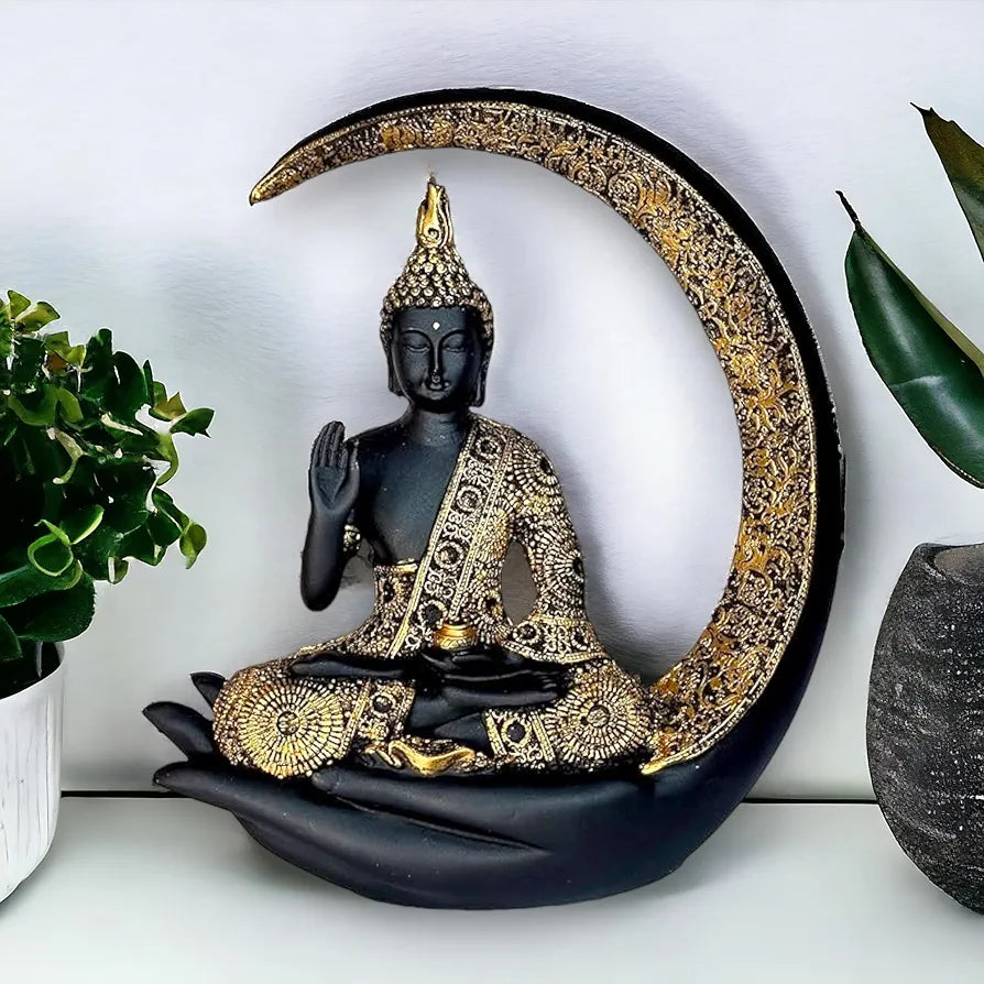 Neelaya Antique Big Meditating Moon Buddha Statue Showpiece Buddha Idol Polyresin Figurine Black