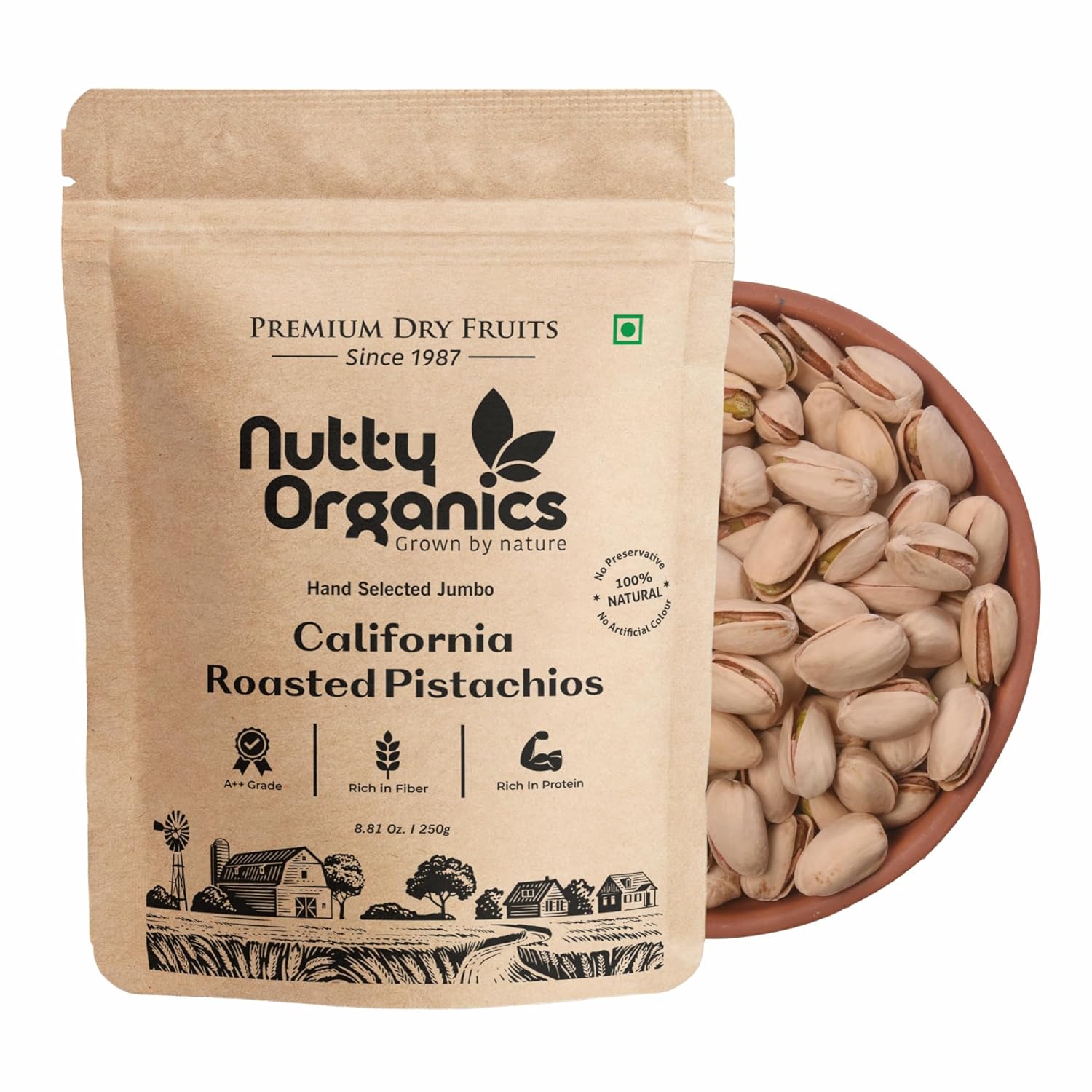 Nutty Organics California Roasted Pistachios 250 GM | Hand Selected Jumbo | Nutritious Tasty & Healthy Nuts Dry Fruits | Rich in Protein