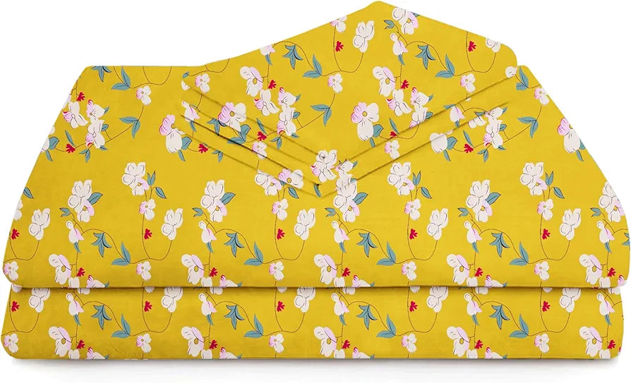 Homekart Premium Cotton Elastic Fitted Bedsheets with 2 King Size Pillow Covers Double Bed Flower Print Yellow and Green 200 tc - 220 tc