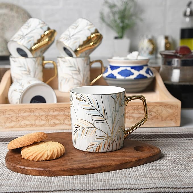Femora Pastel Tropical Leaves Tea Mugs, Ceramic Tea Cups, Coffee Mugs | 180 Ml | 6 Pieces Set | Not Microwave Safe