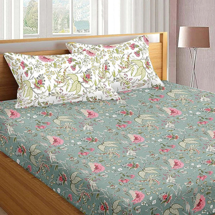 Trance Home Linen 180Tc Cotton 78"X60" Standard Queen Size Elastic Fitted Bedsheet Printed Queen Size With 2 Pillow Covers 180 TC Calicut Colour Green White