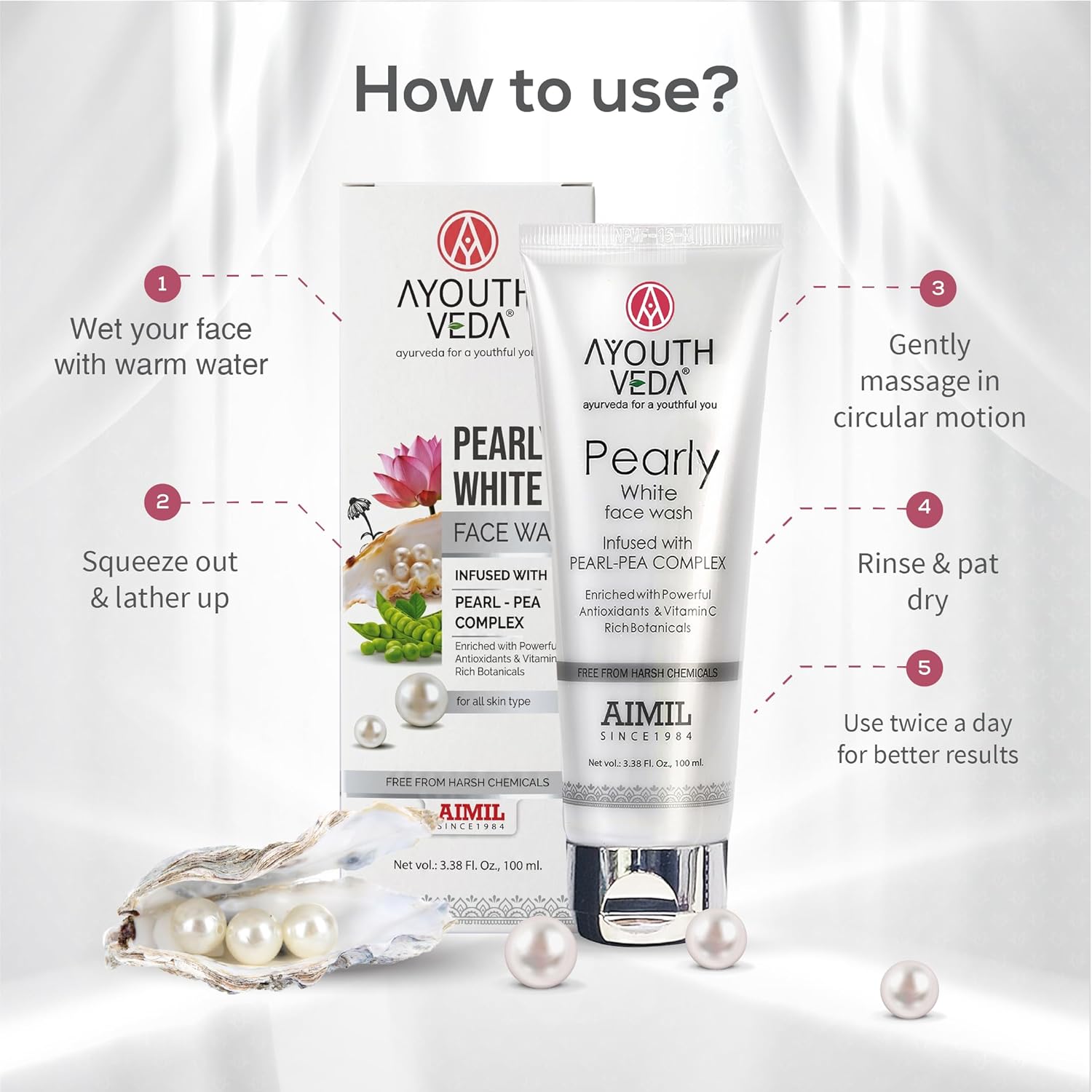 Ayouthveda Pearly White Face Wash | Skin Brightening Cleanser for Men & Women | With Antioxidants & Vitamin C | For Normal & Oily Skin | 100ml (Pack of 1)