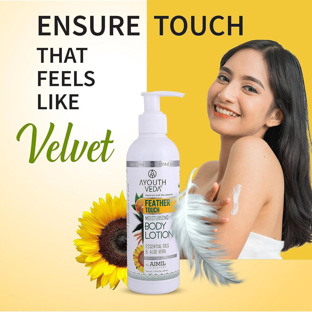 Ayouthveda Feather Touch Moisturizing Body Lotion| Powered with Pro-Vitamins, 5 Essential Oils & AloeVera|Suitable For Normal To Dry Skin| Helps to Repair Damage Skin(Pack Of 1;200ml)