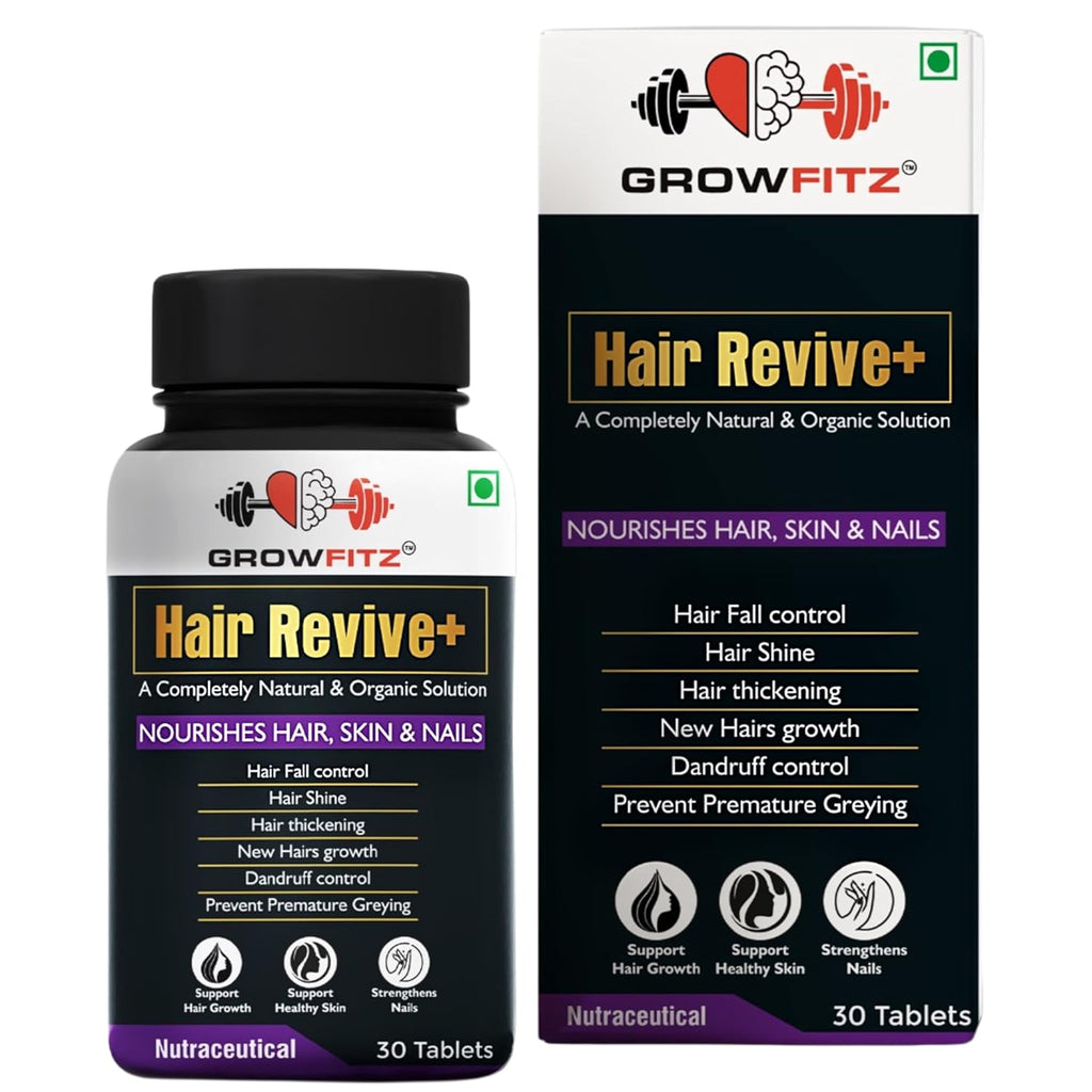 Growfitz Hair Revive+ | Ayurvedic & 100% Natural | Hair Growth, Skin, Nails | For Men & Women - 30 veg tablets (Pack of 1)