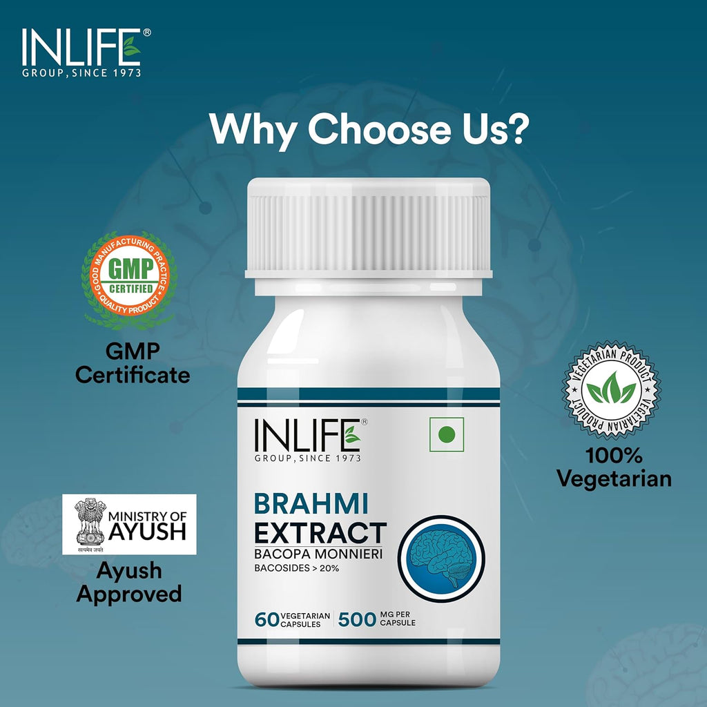 INLIFE Brahmi Capsules 500mg | Bacopa Monnieri Extract | Bacosides > 20% I Ayurvedic Herbal Supplement - 60 Vegetarian Capsules (Pack of 1)