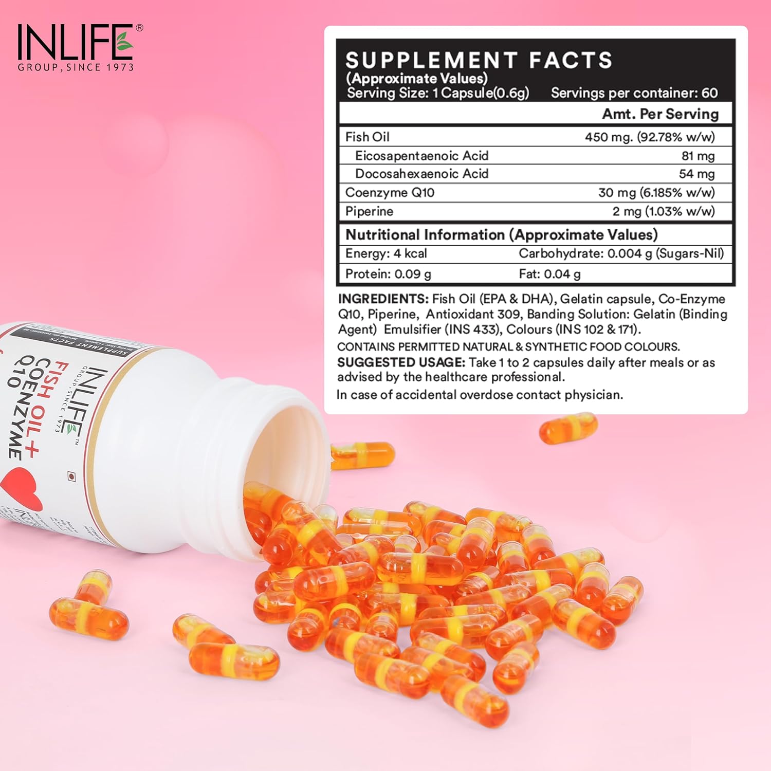 INLIFE Fish Oil Coenzyme Q10 Omega 3 Supplement - 60 Liquid Filled Capsules