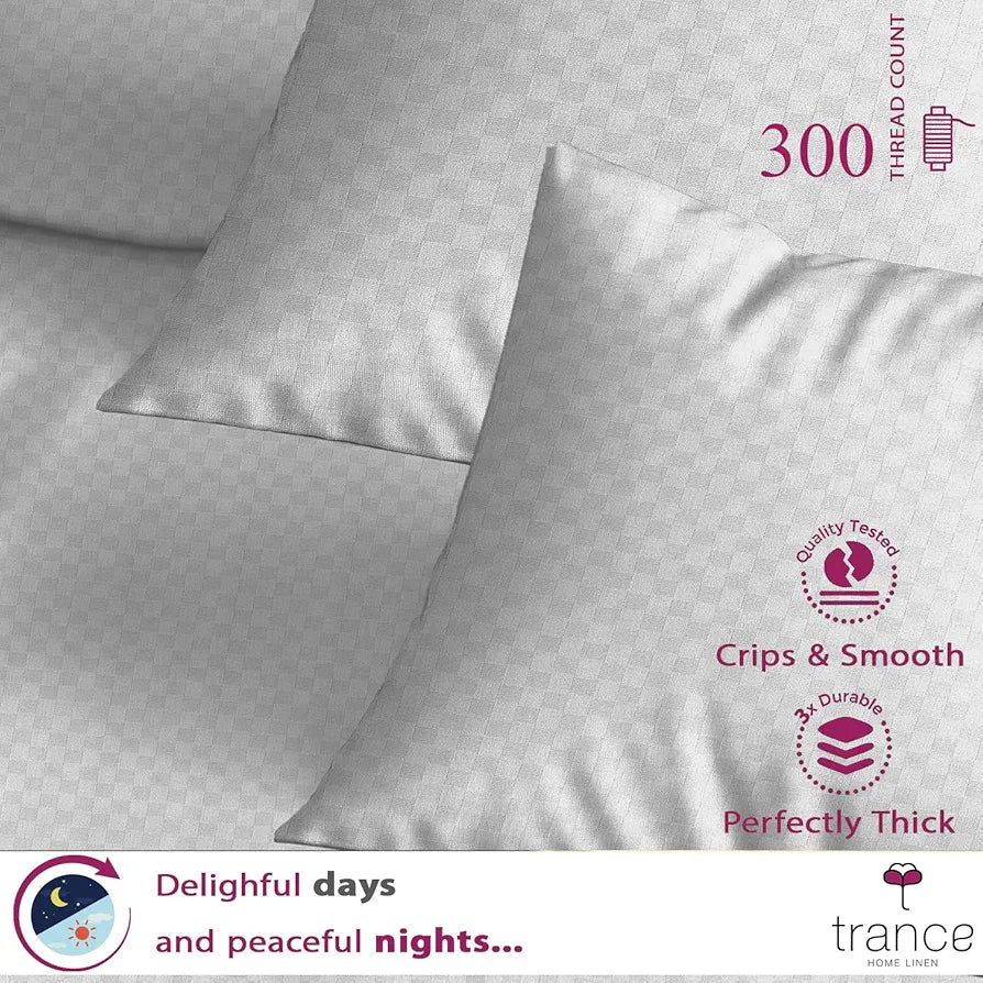 Trance Home Linen 300TC Pure 100% Cotton Single Size Jacquard Weave Fitted Bedsheet with 1 Pillow Cover Colour White