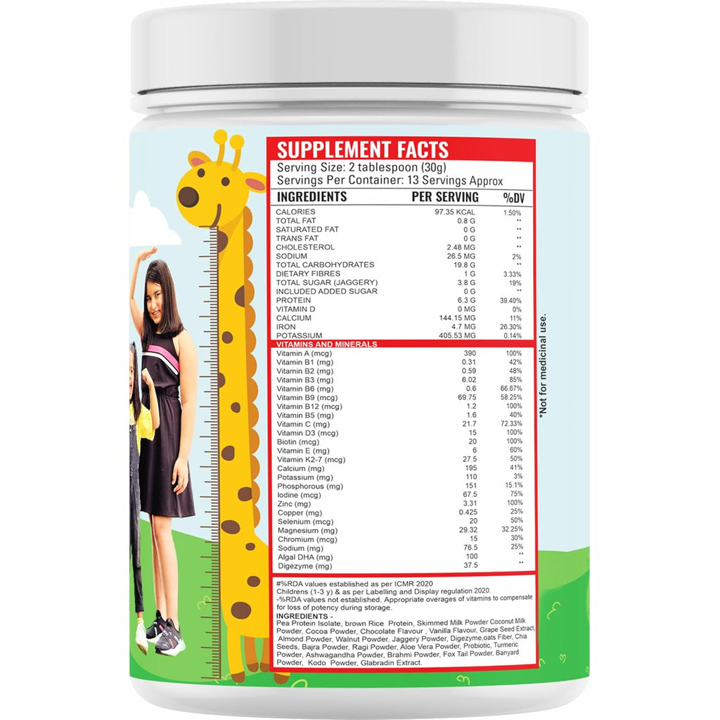 Growfitz FitKid | Natural Healthy Everyday Meal for Kids 2-18 | No Added Sugar | Supports Bone Strength, Immunity, Brain Development | 6.3g Protein | Almonds, Walnut, Ragi, Bajra (400g, Chocolate)