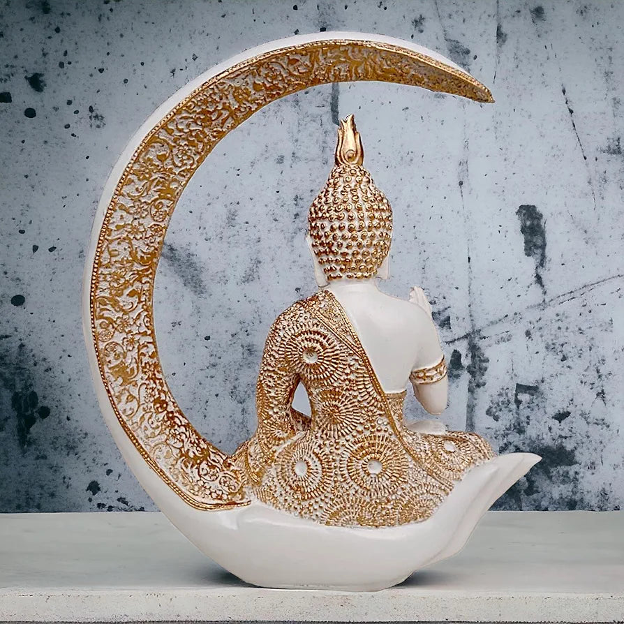 Neelaya Antique Big Meditating Moon Buddha Statue Showpiece Buddha Idol Polyresin Figurine White Gold