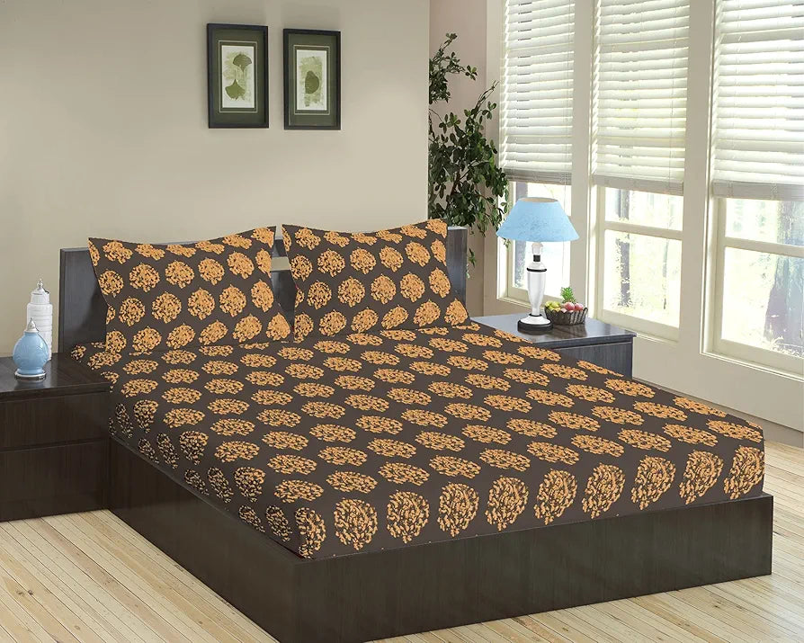 Trance Home Linen 200TC 100% Cotton 78"x72" Standard King Size Elastic Fitted Bedsheet Printed with 2 Pillow Covers Colour Damask Warm Grey Mustard