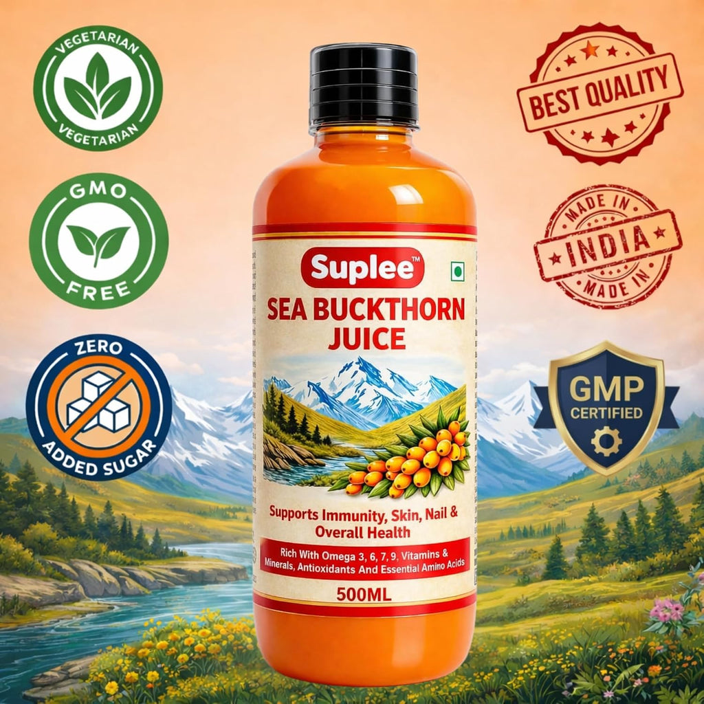 Suplee Himalayan Sea Buckthorn Juice 500ml | Cold Pressed Wild Seabuckthorn Berries | Rich in Omega 3 6 7 9, Vitamins | for Immunity, Skin Care and Vitality | Zero Added Sugar | 500ml