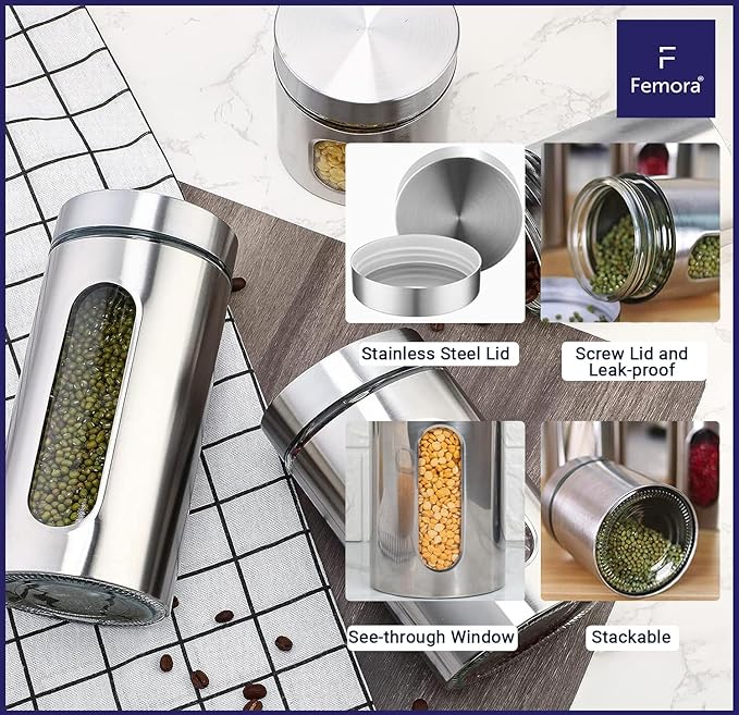 Femora Kitchen Storage Jars Steel Body With See Through Window Jar | 1300 Ml | Set of 4