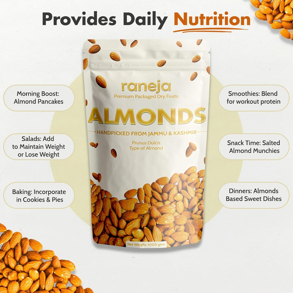 Raneja Pure California Almonds 500g | Whole Badam Giri, 100% Natural Real Nuts & Dry Fruits, Freshly Cleaned and Cleared, High in Fiber, Badam Giri, Rich in Protein, Magnesium, Phosphorus and Dietary Fibre