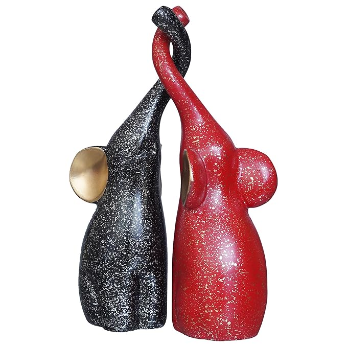 Ecraftindia Set of 2 Black & Red Cute Elephant Statues Animal Figurines Showpiece for Home Decor