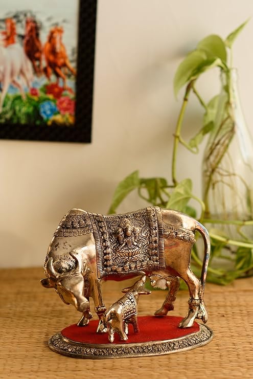 Ecraftindia White Metal Decorative Cow With Calf Statue
